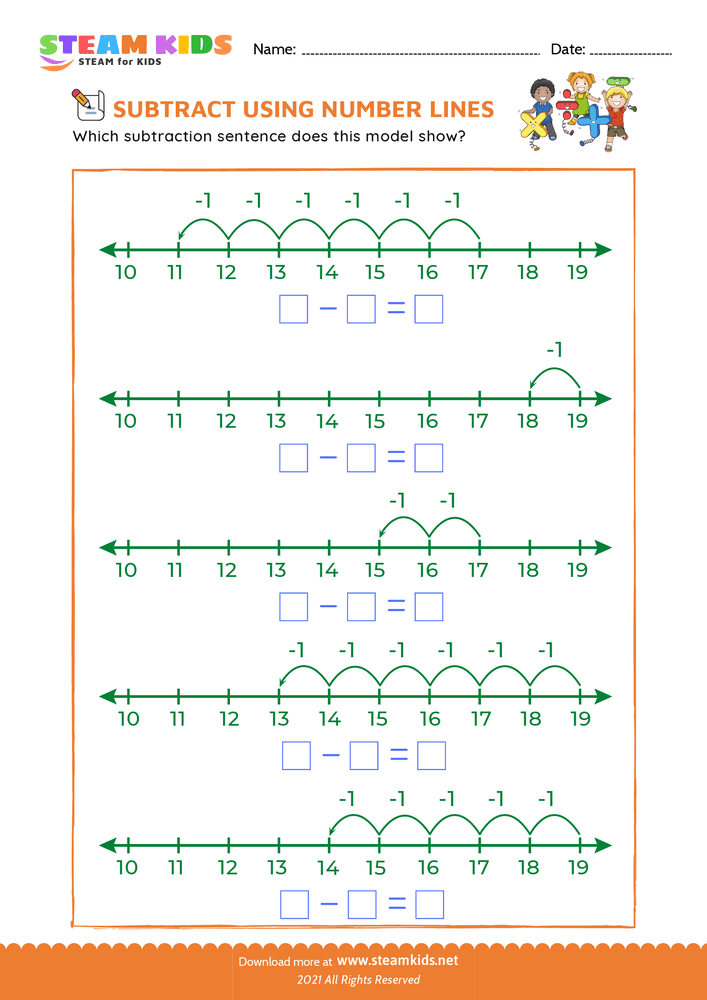 Free Math Worksheet - Subtract using number lines - Worksheet 3