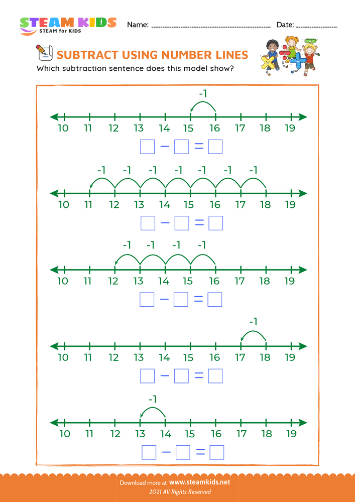 Free Math Worksheet - Subtract using number lines - Worksheet 4
