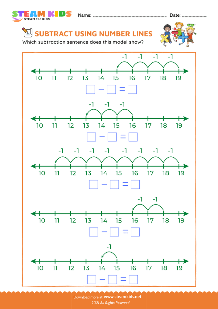 Free Math Worksheet - Subtract using number lines - Worksheet 5