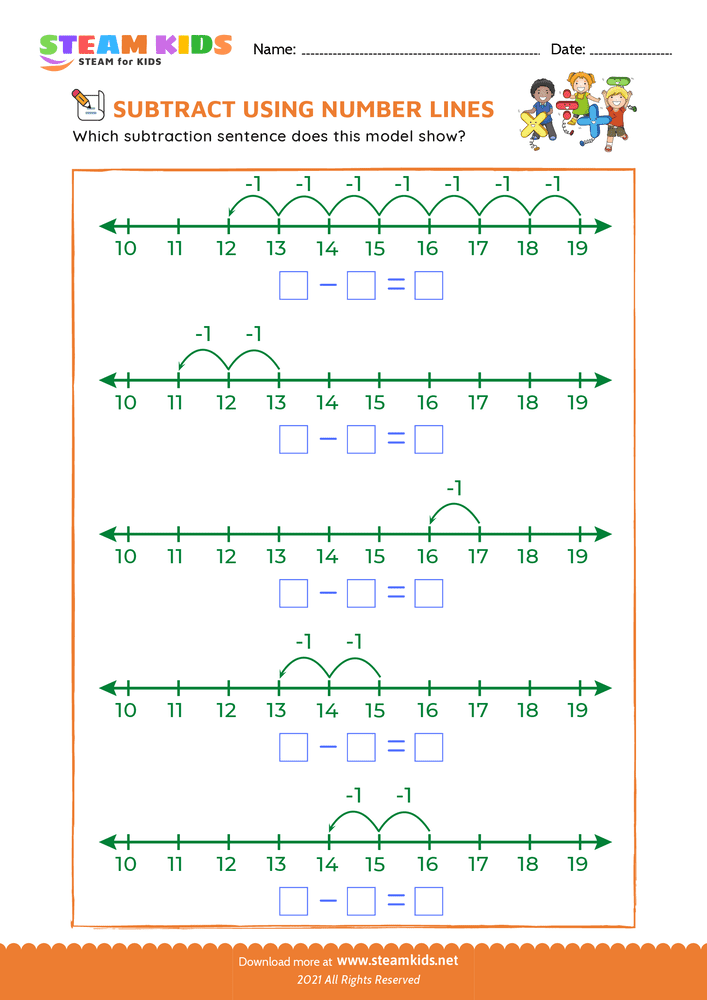 Free Math Worksheet - Subtract using number lines - Worksheet 6