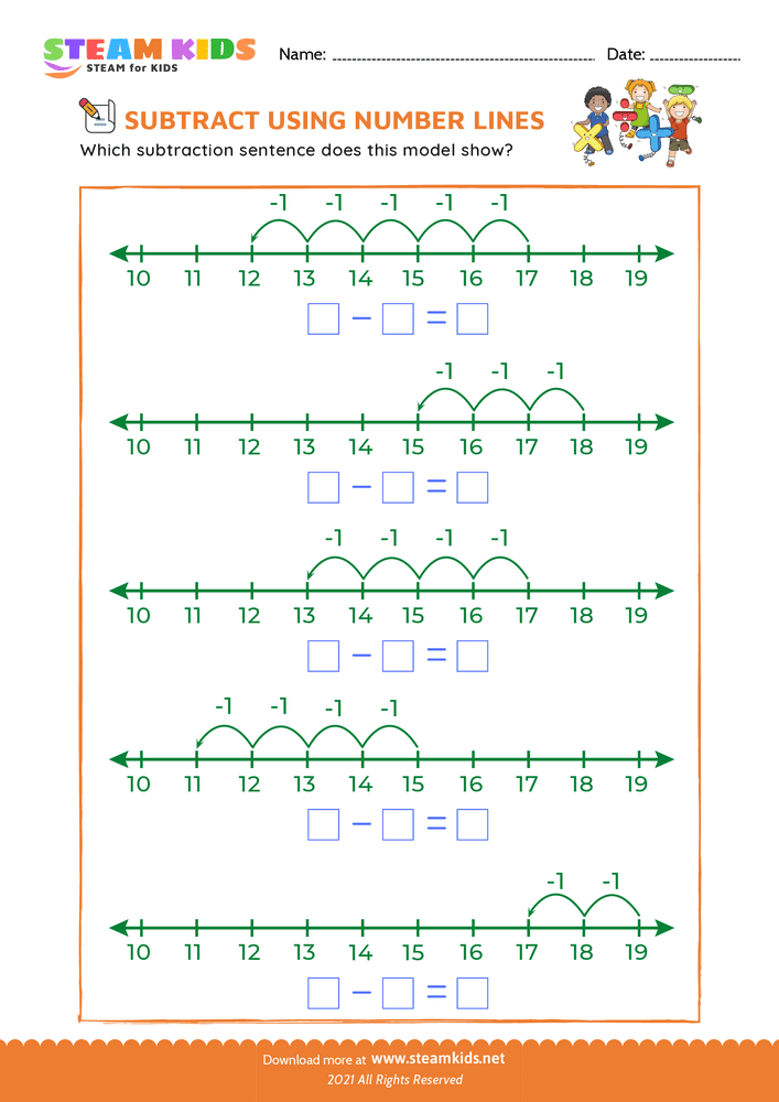 Free Math Worksheet - Subtract using number lines - Worksheet 7