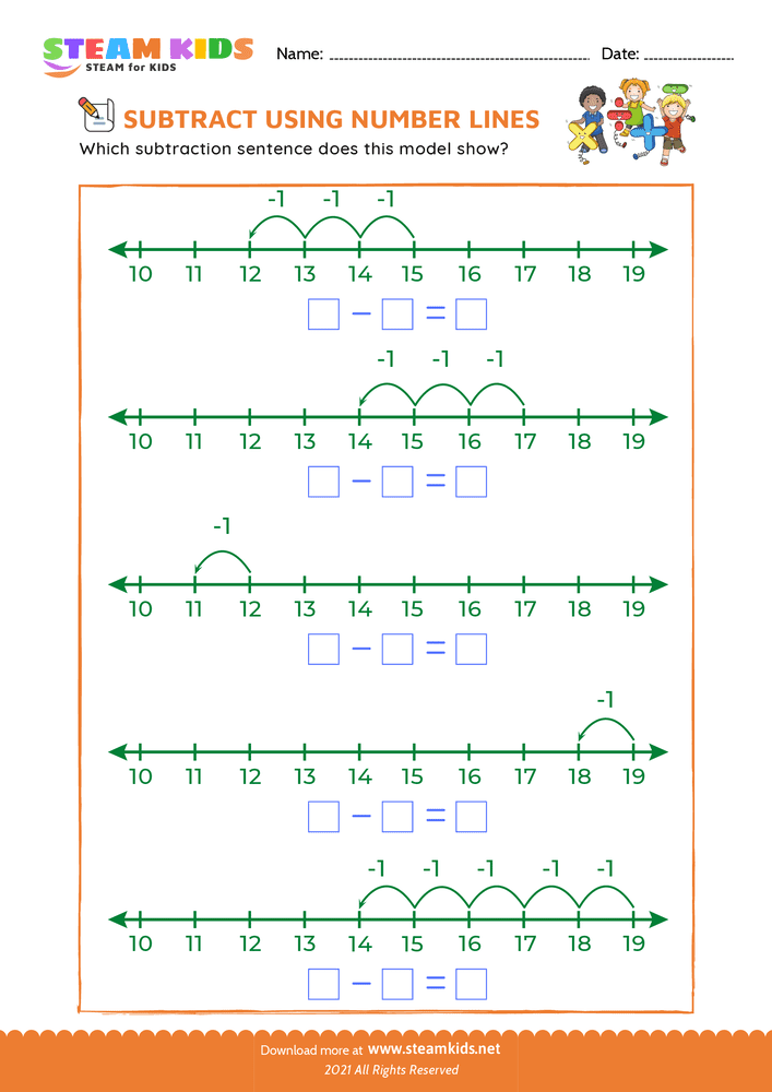 Free Math Worksheet - Subtract using number lines - Worksheet 8