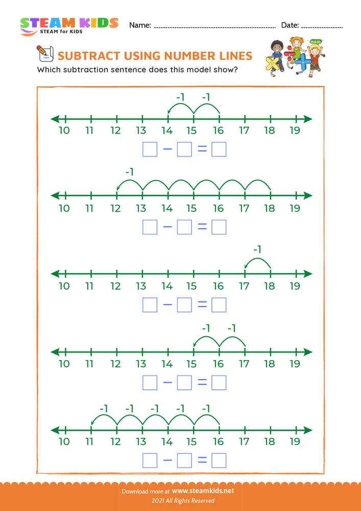 Free Math Worksheet - Subtract using number lines - Worksheet 9