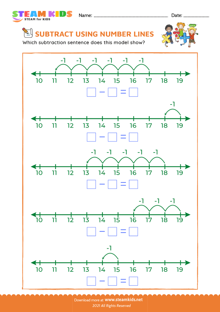 Free Math Worksheet - Subtract using number lines - Worksheet 10