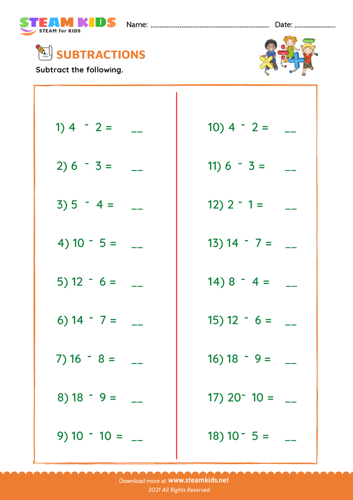 Free Math Worksheet - Subtracting doubles - Worksheet 1