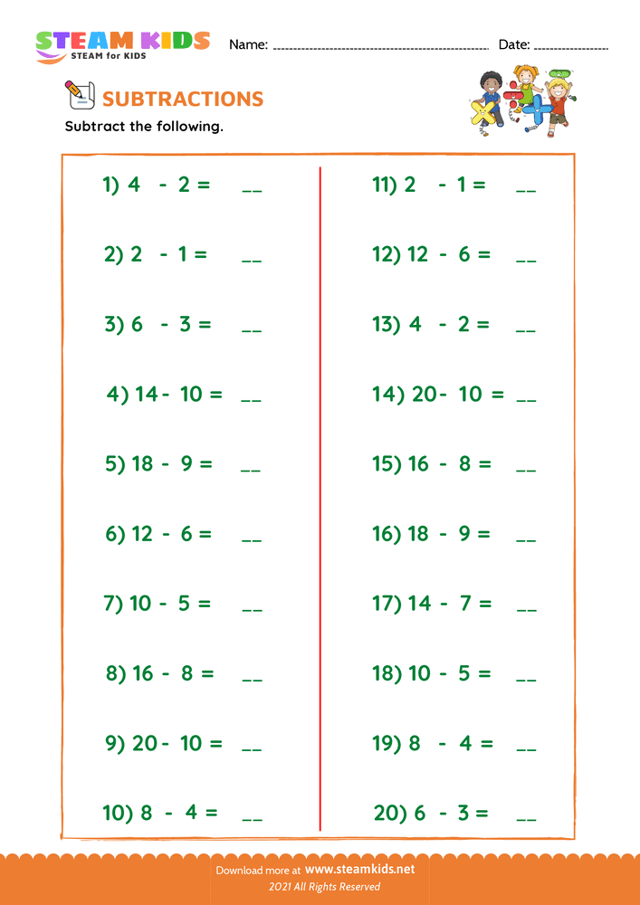 Free Math Worksheet - Subtracting doubles - Worksheet 2