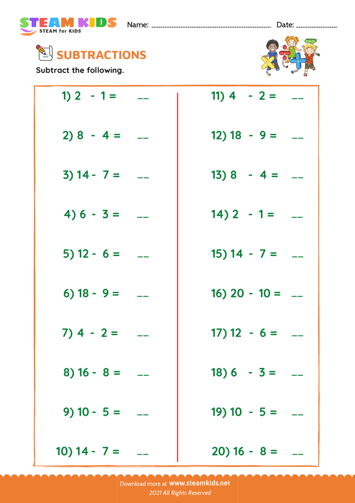 Free Math Worksheet - Subtracting doubles - Worksheet 3