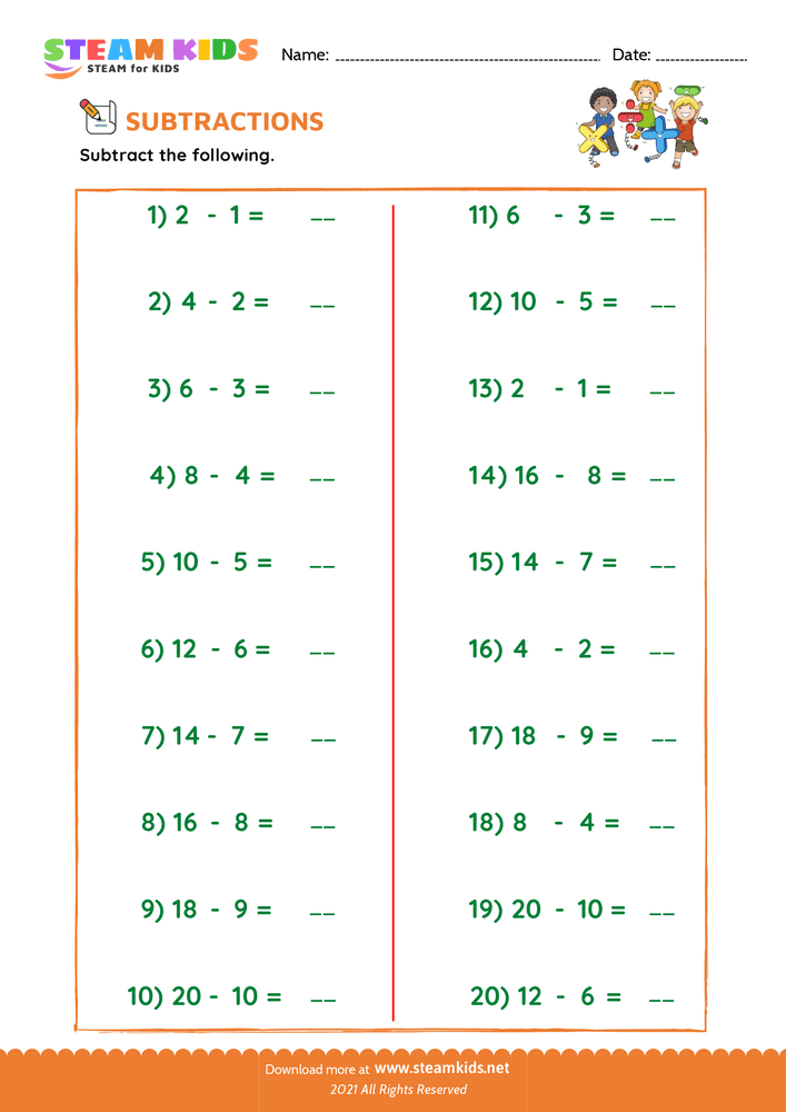 Free Math Worksheet - Subtracting doubles - Worksheet 4