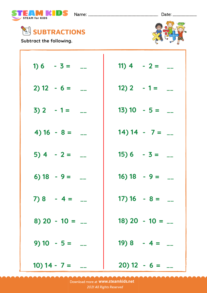 Free Math Worksheet - Subtracting doubles - Worksheet 5