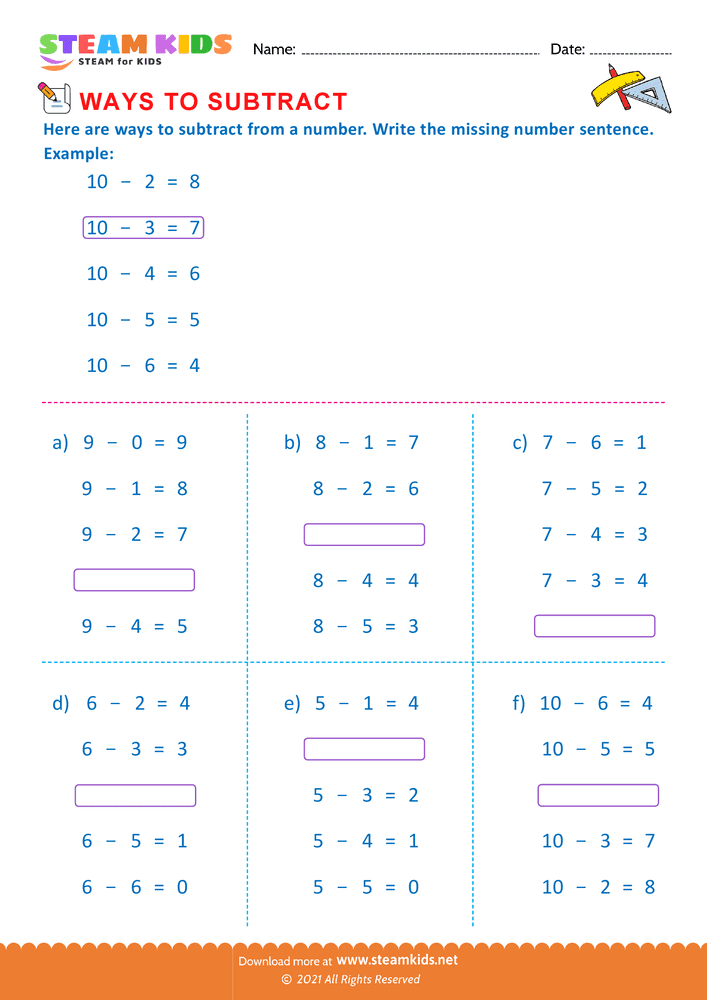 Free Math Worksheet - Write missing number sentence - Worksheet 1