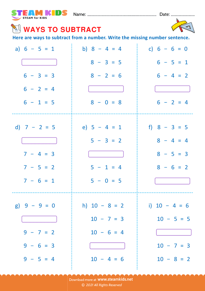 Free Math Worksheet - Write missing number sentence - Worksheet 5