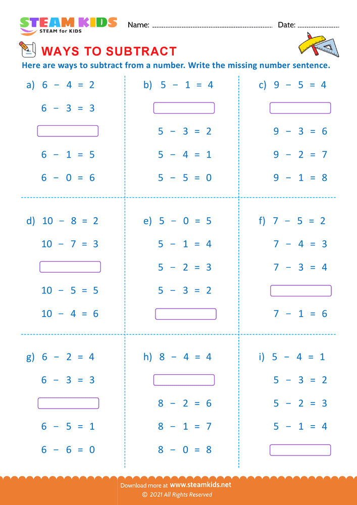 Free Math Worksheet - Write missing number sentence - Worksheet 9