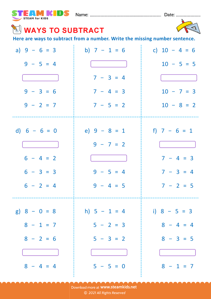 Free Math Worksheet - Write missing number sentence - Worksheet 11