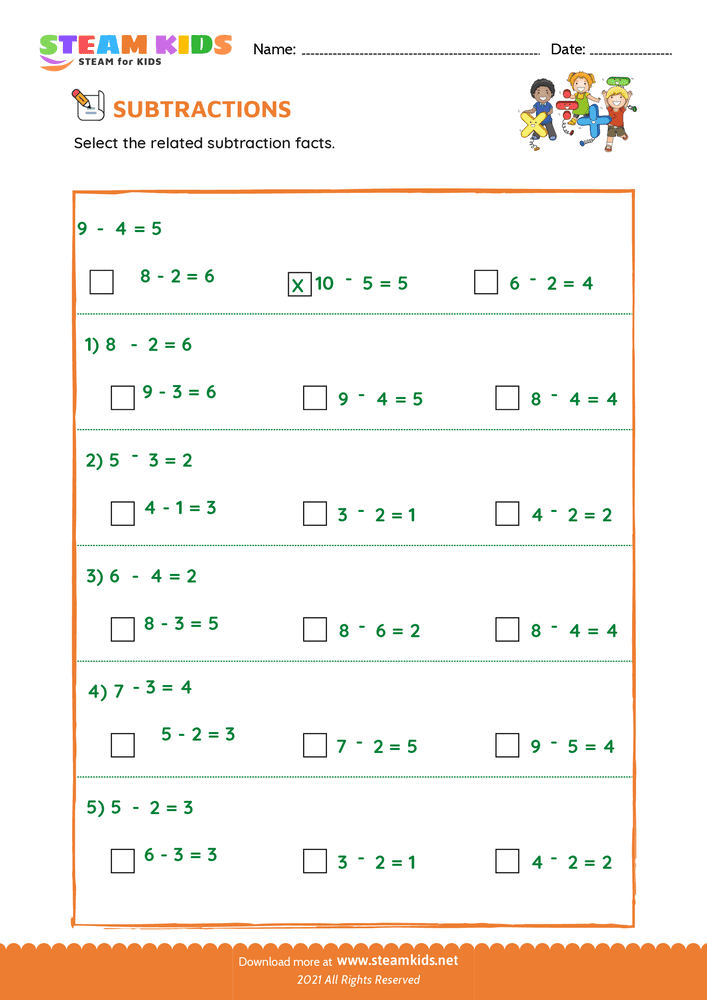 Free Math Worksheet - Related subtraction facts - Worksheet 1