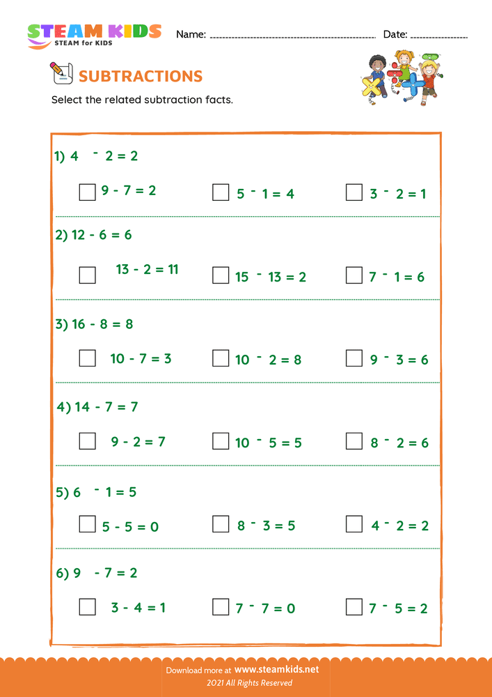 Free Math Worksheet - Related subtraction facts - Worksheet 3