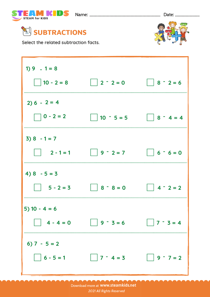 Free Math Worksheet - Related subtraction facts - Worksheet 4