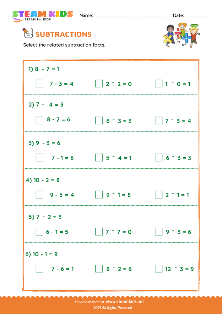 Free Math Worksheet - Related subtraction facts - Worksheet 5