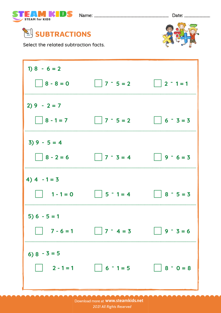 Free Math Worksheet - Related subtraction facts - Worksheet 6