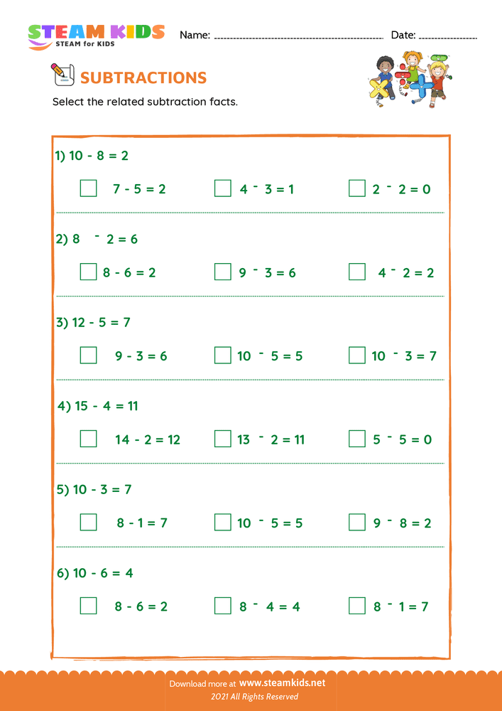 Free Math Worksheet - Related subtraction facts - Worksheet 7