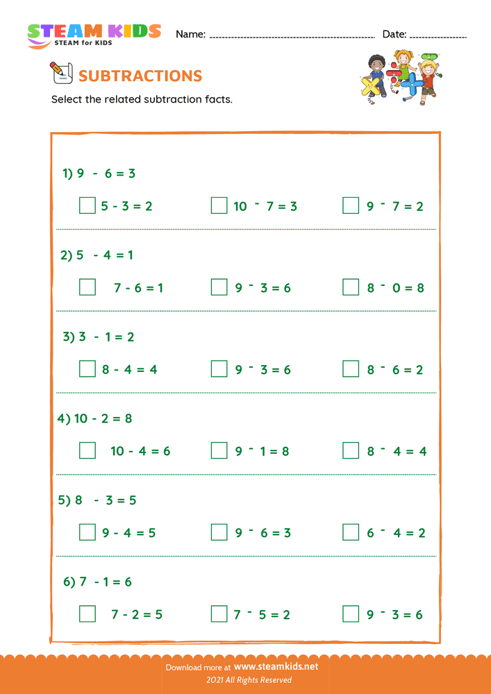 Free Math Worksheet - Related subtraction facts - Worksheet 8