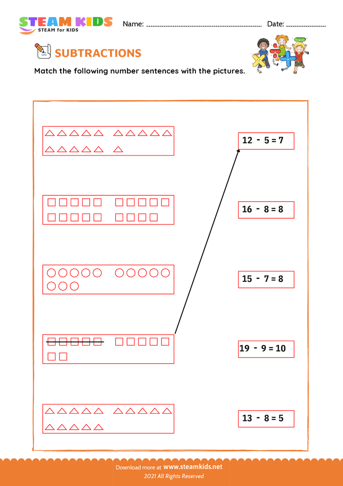 Free Math Worksheet - Subtract and Match - Worksheet 1