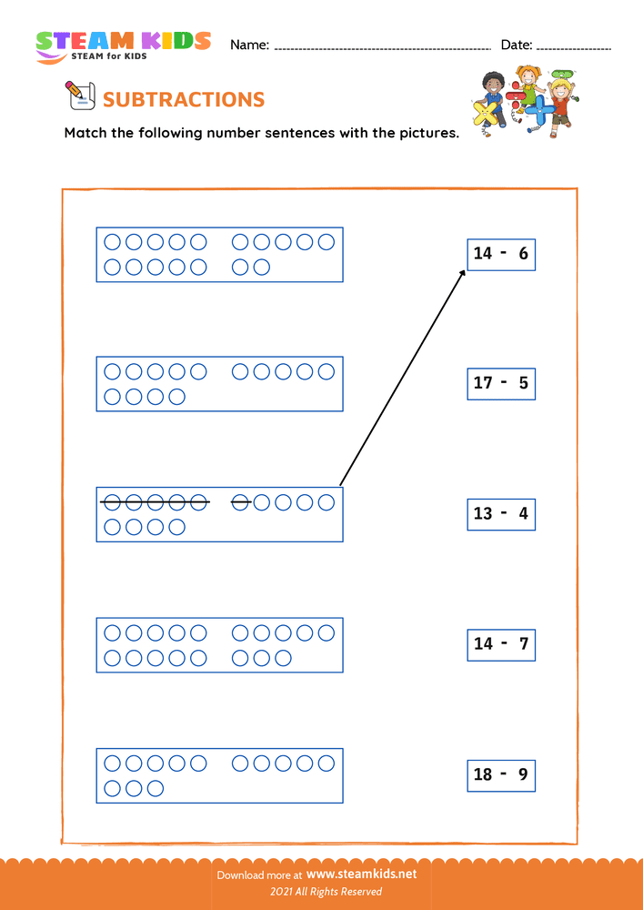 Free Math Worksheet - Subtract and Match - Worksheet 2