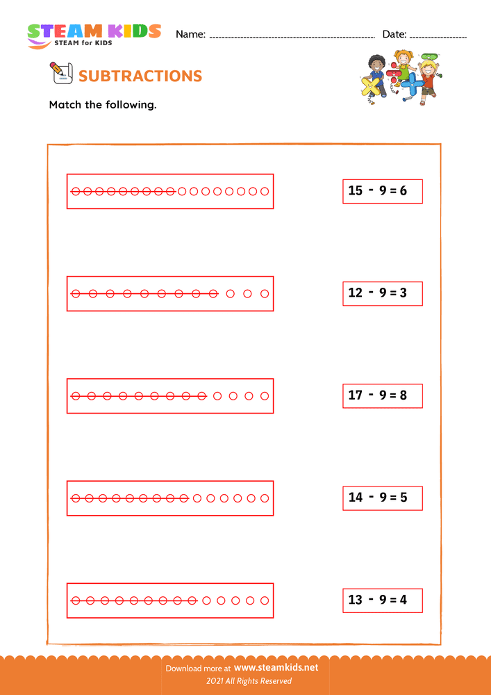 Free Math Worksheet - Subtract and Match - Worksheet 3