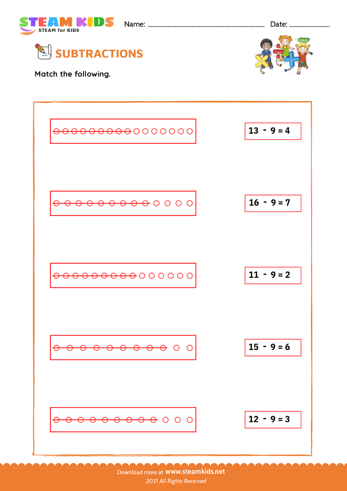 Free Math Worksheet - Subtract and Match - Worksheet 5