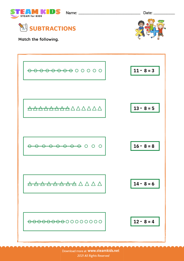 Free Math Worksheet - Subtract and Match - Worksheet 6