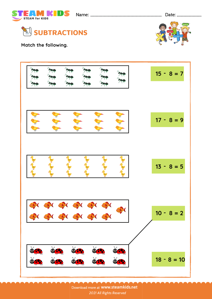 Free Math Worksheet - Subtract and Match - Worksheet 7