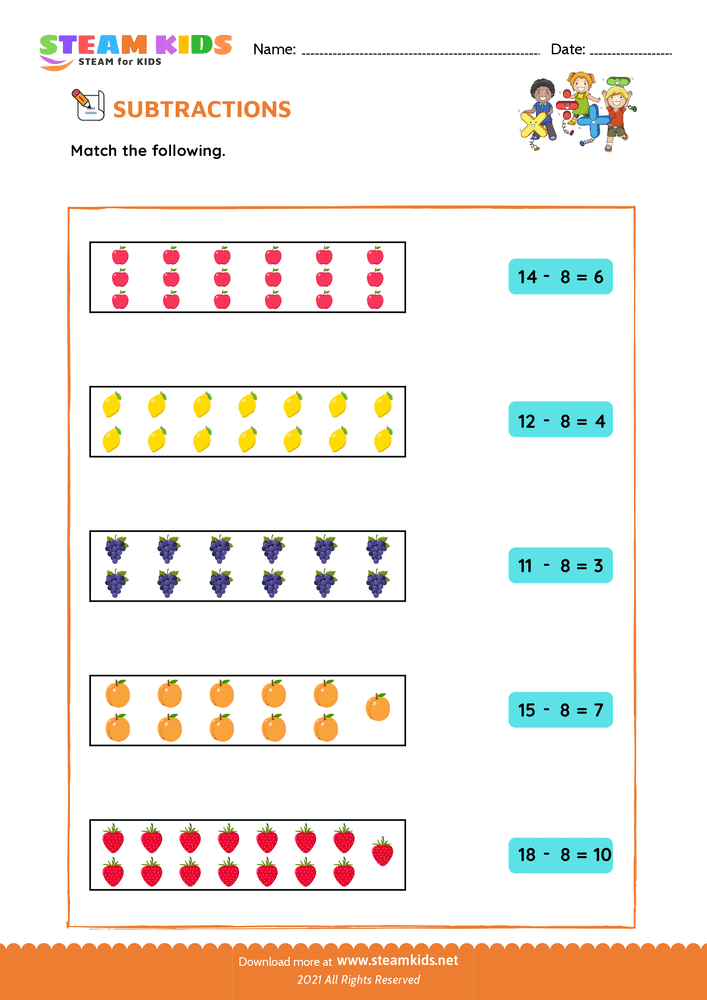 Free Math Worksheet - Subtract and Match - Worksheet 8