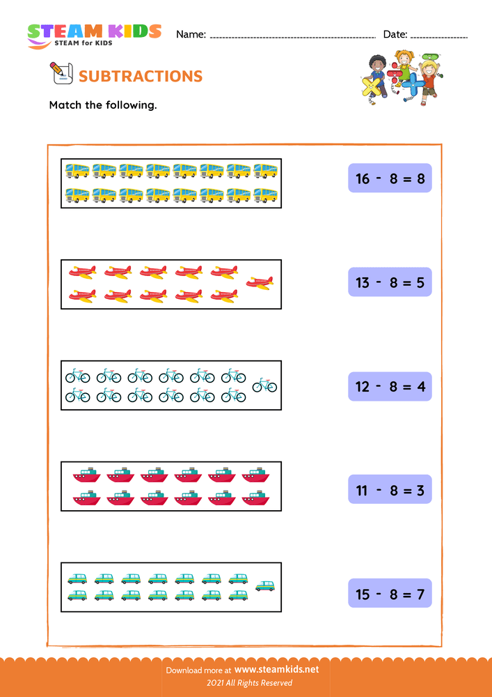 Free Math Worksheet - Subtract and Match - Worksheet 9