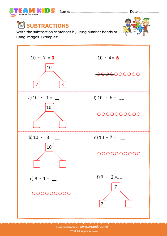 Free Math Worksheet - Subtraction number sentence upto 10 - Worksheet 1