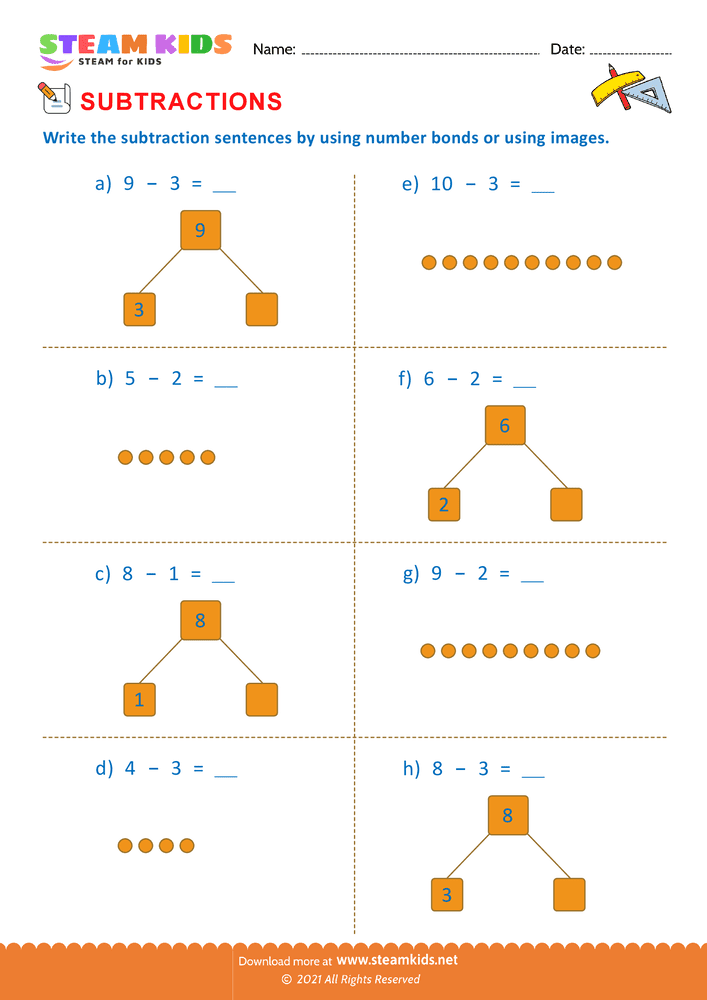 Free Math Worksheet - Subtraction number sentence upto 10 - Worksheet 2