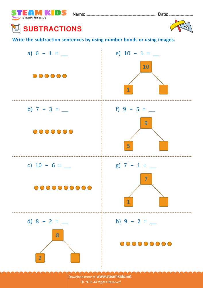 Free Math Worksheet - Subtraction number sentence upto 10 - Worksheet 3