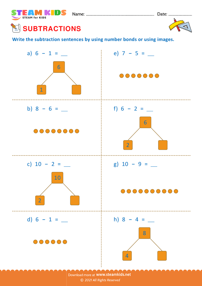 Free Math Worksheet - Subtraction number sentence upto 10 - Worksheet 4