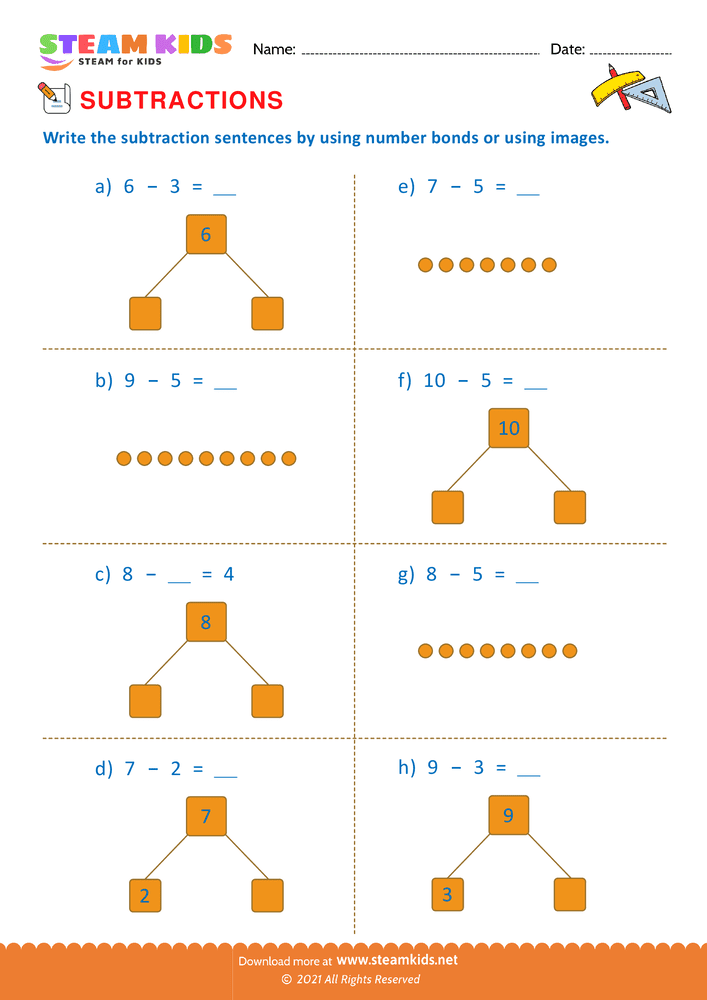 Free Math Worksheet - Subtraction number sentence upto 10 - Worksheet 5