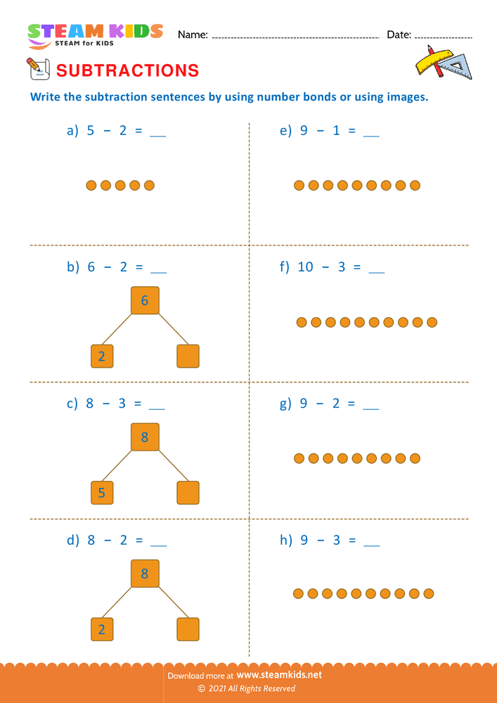 Free Math Worksheet - Subtraction number sentence upto 10 - Worksheet 6