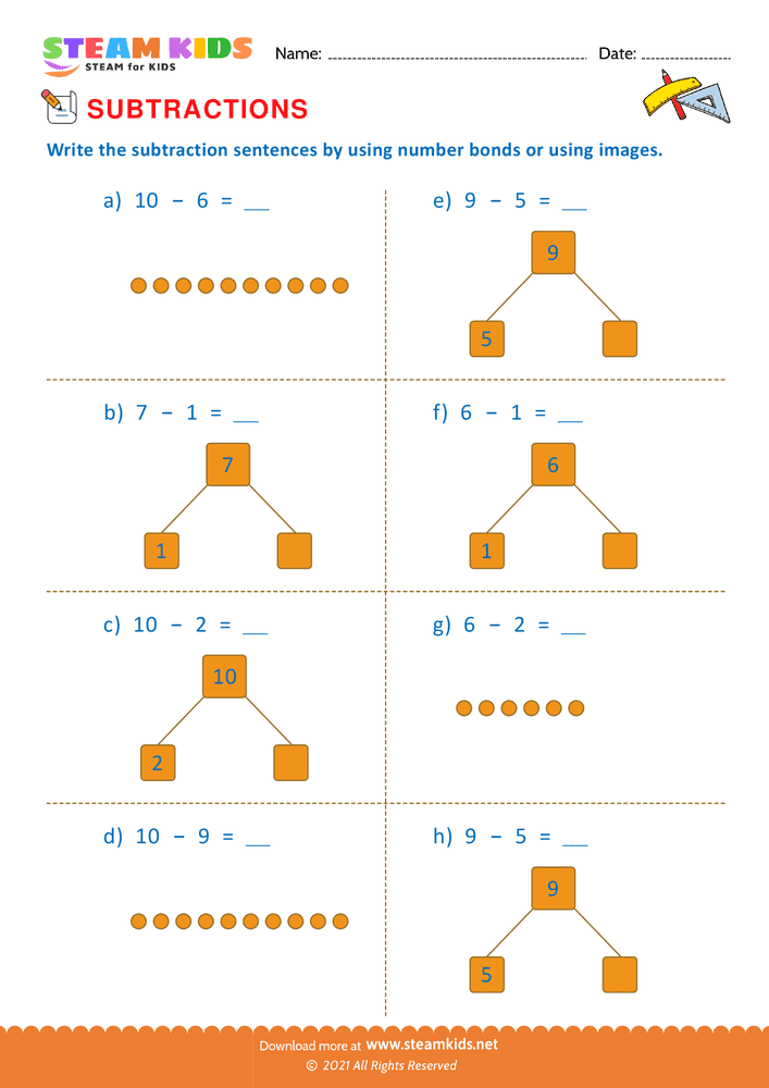 Free Math Worksheet - Subtraction number sentence upto 10 - Worksheet 7