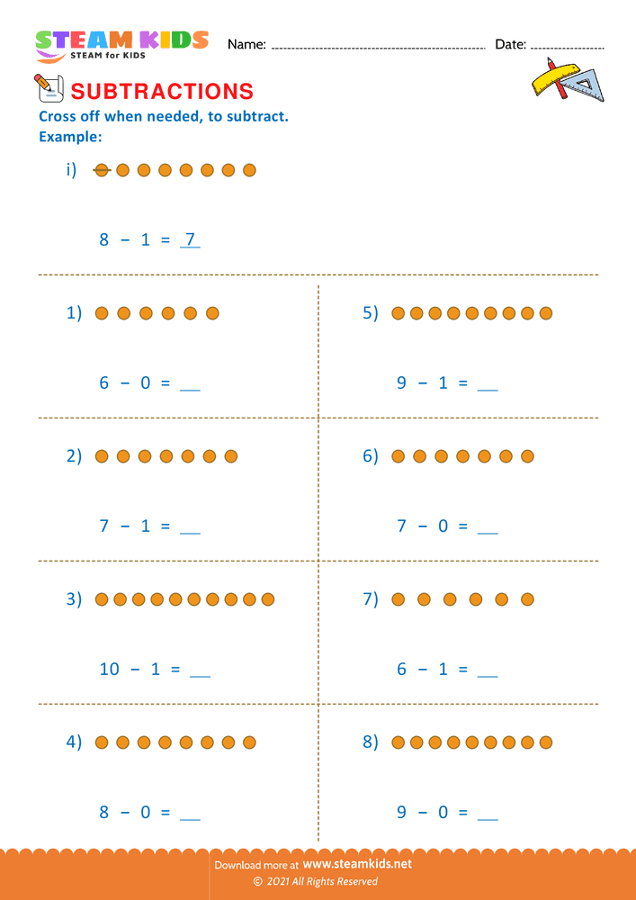 Free Math Worksheet - Subtraction number sentence upto 10 - Worksheet 8