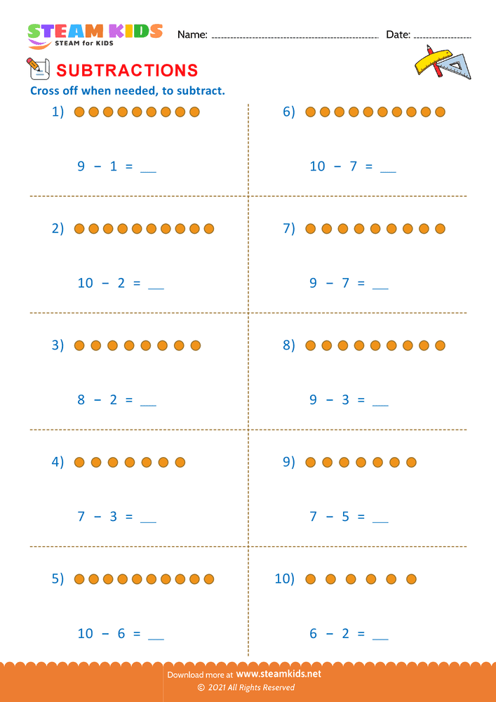 Free Math Worksheet - Subtraction number sentence upto 10 - Worksheet 9