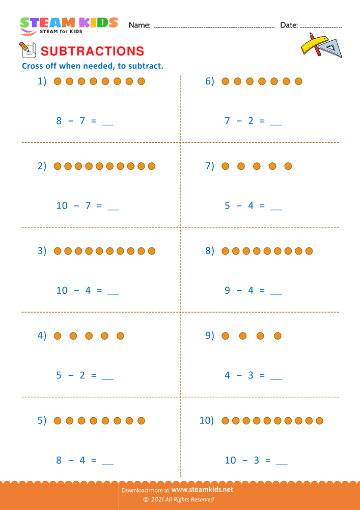 Free Math Worksheet - Subtraction number sentence upto 10 - Worksheet 10