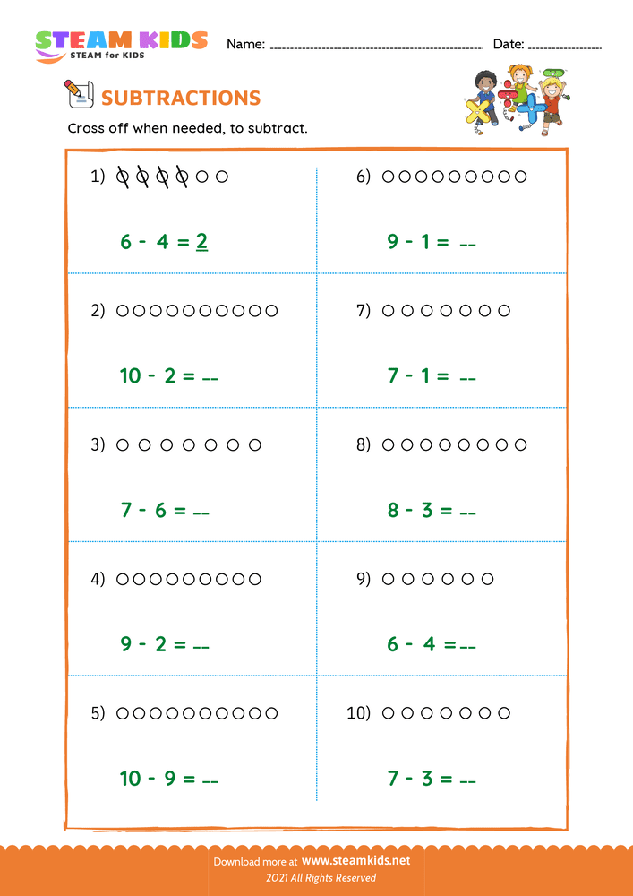 Free Math Worksheet - Subtraction number sentence upto 10 - Worksheet 11