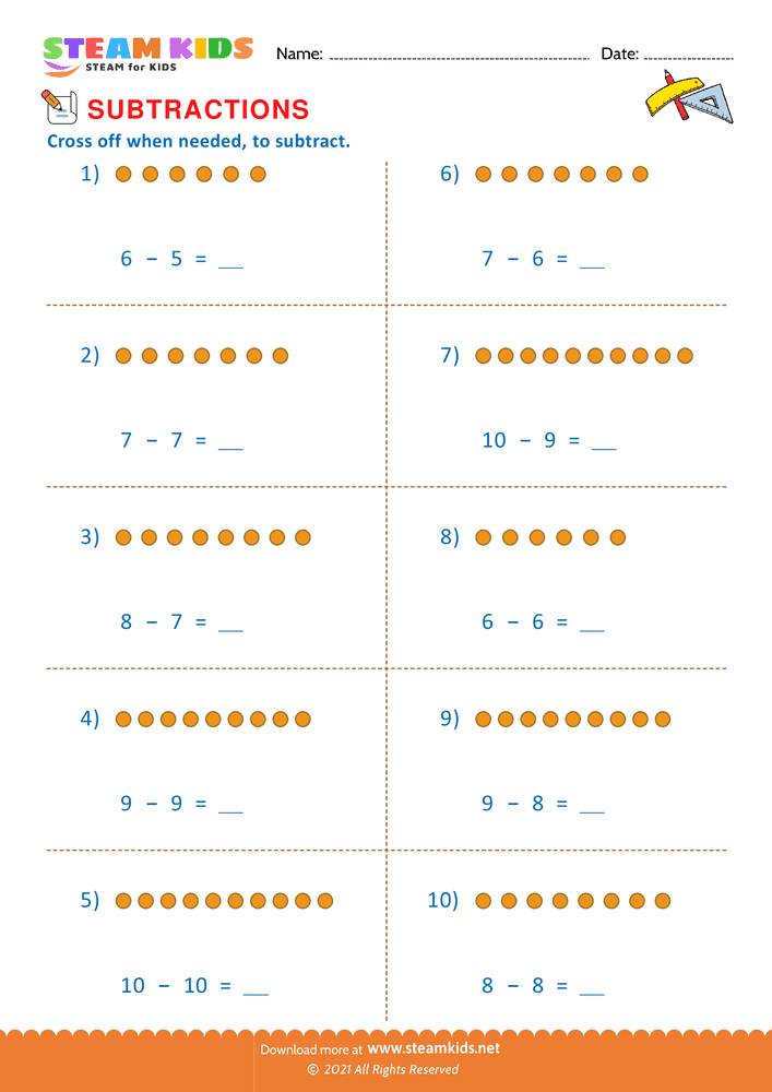 Free Math Worksheet - Subtraction number sentence upto 10 - Worksheet 12