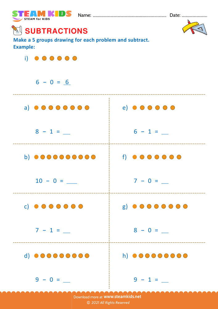 Free Math Worksheet - Subtraction number sentence upto 10 - Worksheet 13