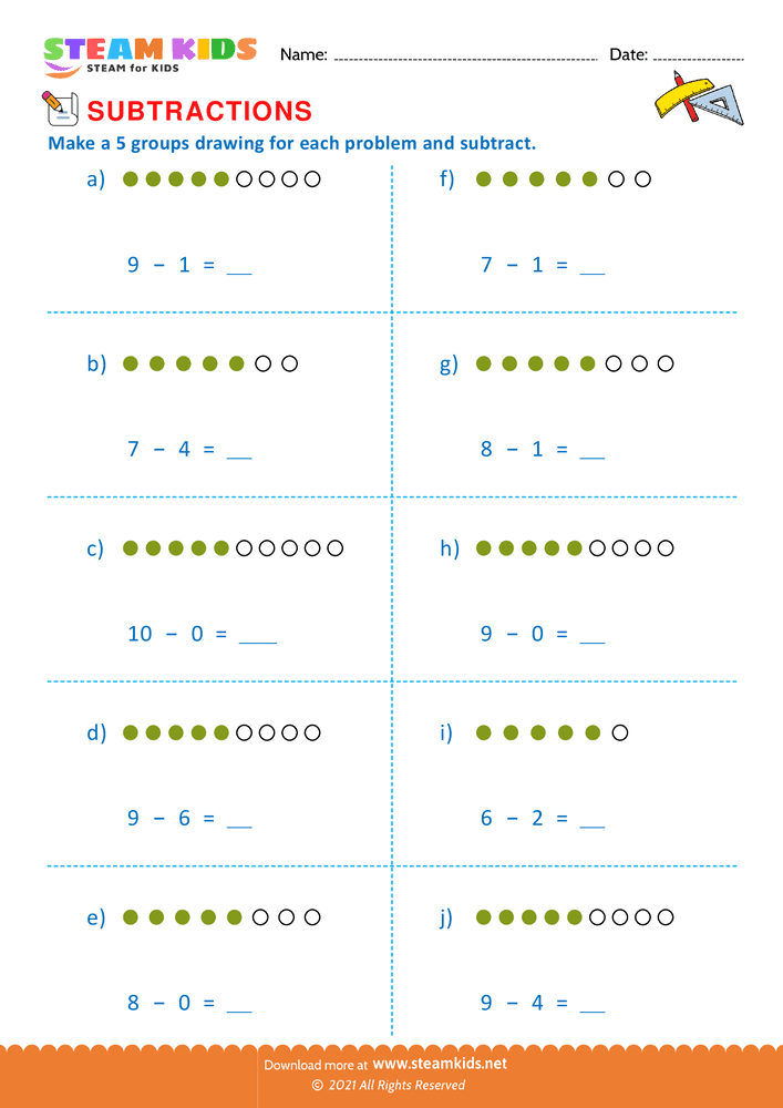 Free Math Worksheet - Subtraction number sentence upto 10 - Worksheet 14