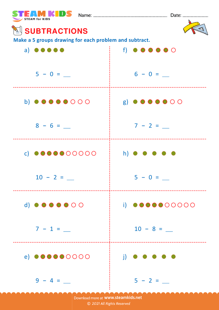 Free Math Worksheet - Subtraction number sentence upto 10 - Worksheet 15