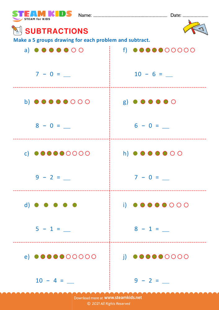 Free Math Worksheet - Subtraction number sentence upto 10 - Worksheet 16