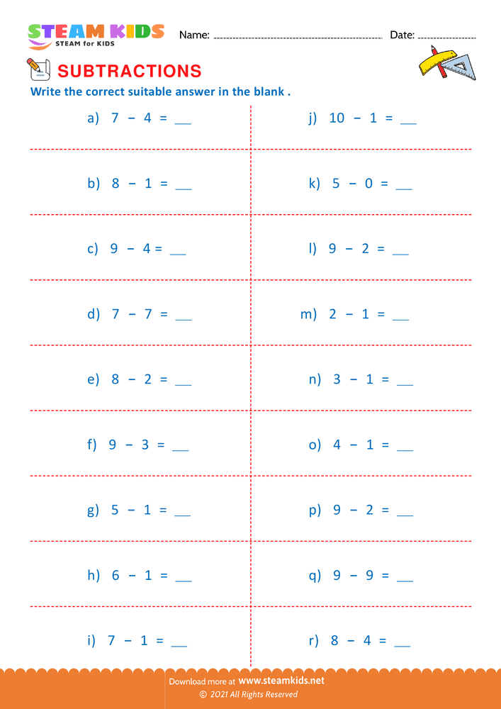 Free Math Worksheet - Subtraction number sentence upto 10 - Worksheet 20