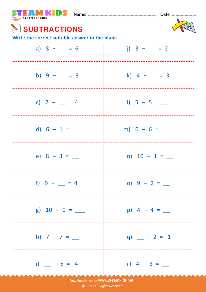 Free Math Worksheet - Subtraction number sentence upto 10 - Worksheet 22